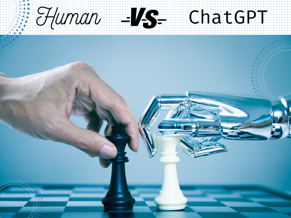A robot and a human are playing chess against each other. The title says Human vs. ChatGPT